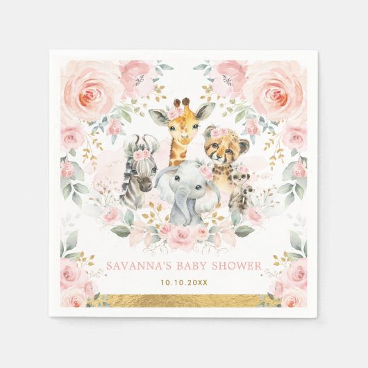 野生のかわいらし動物ジャングルサファリベビーガールシャワー スタンダードカクテルナプキン (正面)