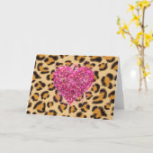 野生のきらめくピンクハートとヒョウ柄 カード (黄色い花)