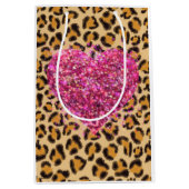 野生のきらめくピンクハートとヒョウ柄 ミディアムペーパーバッグ (正面)