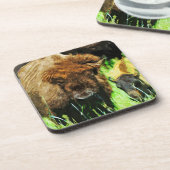 野生のアメリカのバイソンウィズカーフ抽象芸術 コースター (左側)