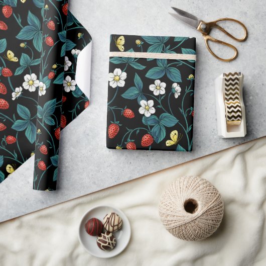 野生のイチゴ赤/黄/青/黒 ラッピングペーパー (クラフト)