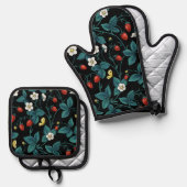 野生のイチゴ赤/黄/青/黒 鍋つかみ&鍋敷きセット (正面/裏面)