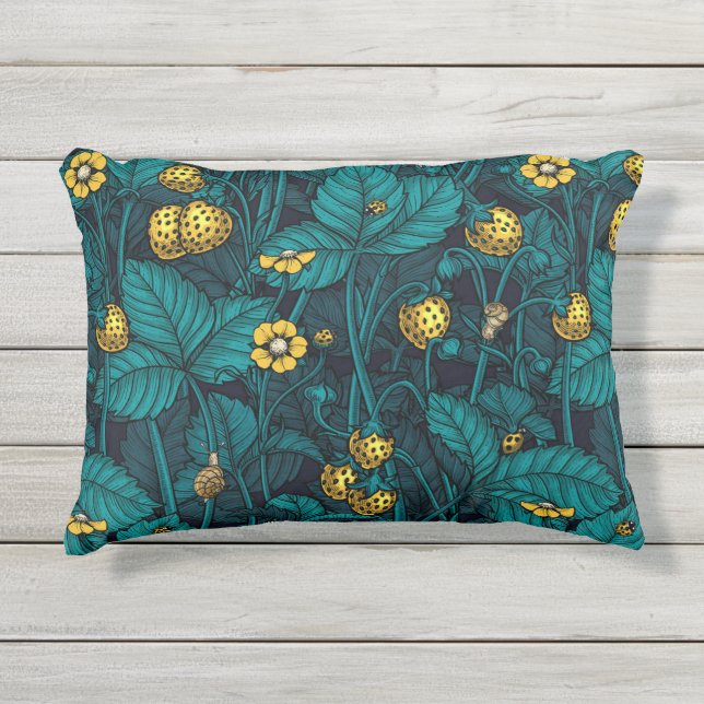 野生のイチゴ、黄色と青 アウトドアクッション (正面)