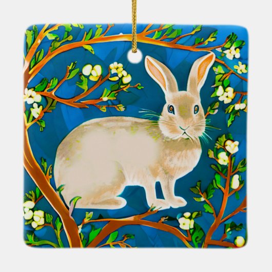 野生のウサギと花の枝 セラミックオーナメント (裏面)
