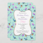 野生のエキゾチックかわいらしな鳥の水色の誕生日パーティー 招待状 (正面/裏面)