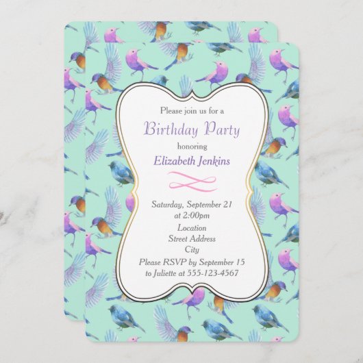 野生のエキゾチックかわいらしな鳥の水色の誕生日パーティー 招待状 (正面/裏面)