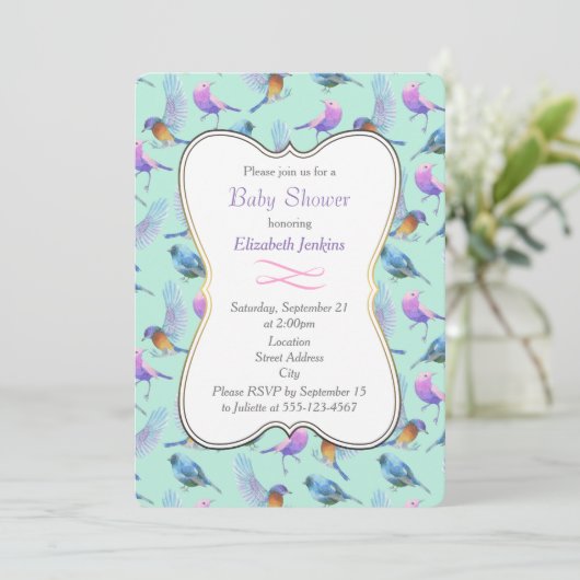 野生のエキゾチックカラフルな鳥の水の色ベビーシャワー 招待状 (スタンド正面)