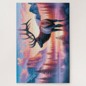 野生のエルクと山々,朝の光に満ちて ジグソーパズル (縦)