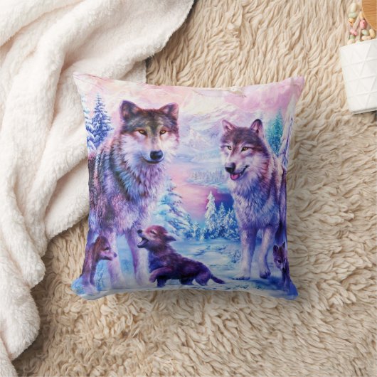 野生のオオカミ家族 クッション (ブランケット)