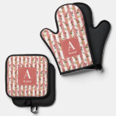 野生のカスタム花モノグラムの付き格子状フローラ 鍋つかみ&鍋敷きセット (正面/裏面)