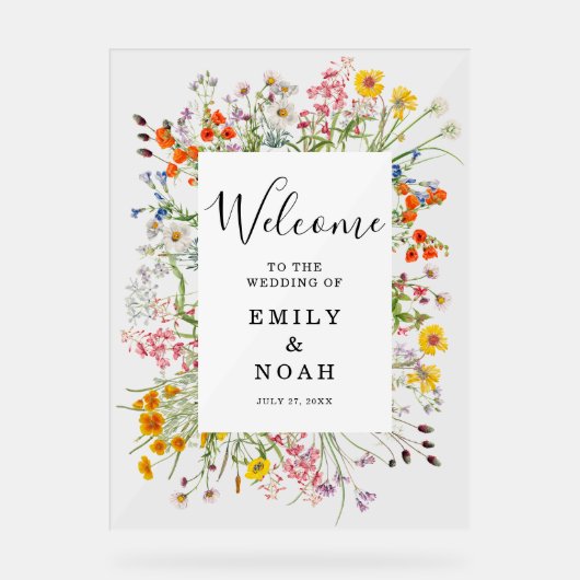 野生のカラフル花の国の結婚式へようこそ アクリルサイン (正面)