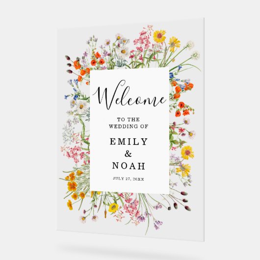 野生のカラフル花の国の結婚式へようこそ アクリルサイン (傾斜)