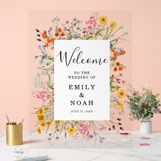 野生のカラフル花の国の結婚式へようこそ アクリルサイン (ウェディング)