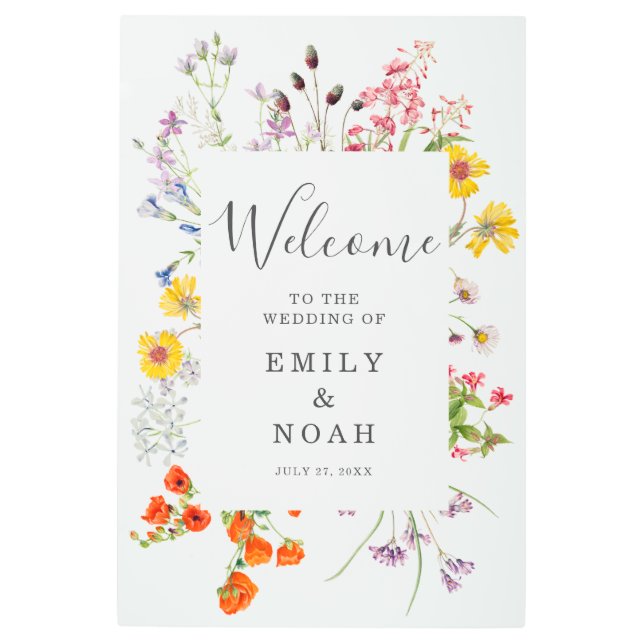 野生のカラフル花の国の結婚式へようこそ メタルプリント (正面)