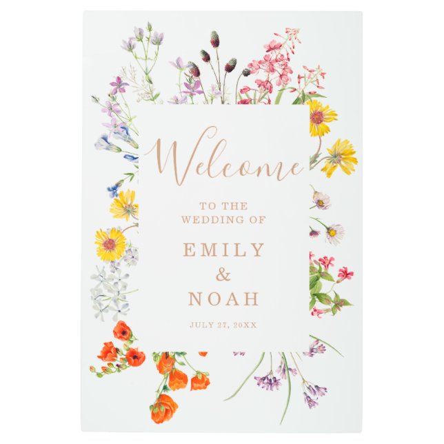 野生のカラフル花の国の結婚式へようこそ メタルプリント (正面)