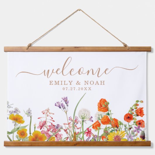 野生のカラフル花の国の結婚式へようこそ 吊り下げ型タペストリー (正面)