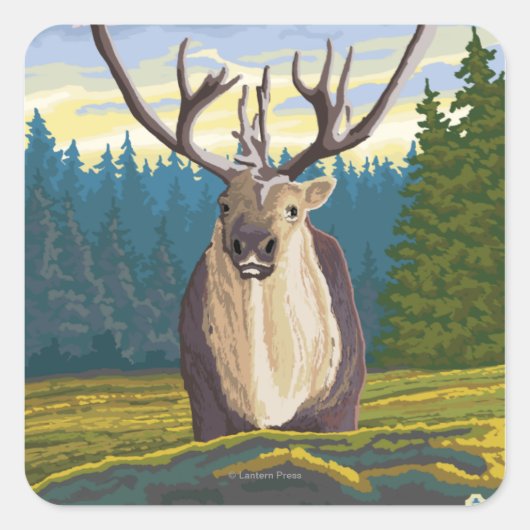 野生のカリブー – ヴィンテージ旅行ポスター スクエアシール (正面)