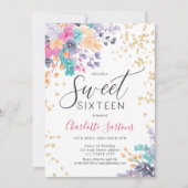 野生のガーリー花フローラ金ゴールドスクリプトsweet 16 招待状 (正面)