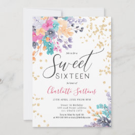 野生のガーリー花フローラ金ゴールドスクリプトsweet 16 招待状