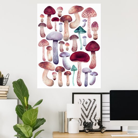 野生のキノコのイラストレーション水の色のポスター ポスター (ホームオフィス)