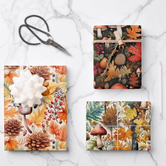 野生のキノコの包装紙フラットシートセット3 ラッピングペーパーシート (正面)