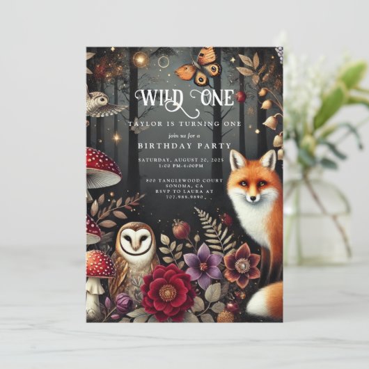 野生のキノコの森の動物の少年1歳の誕生日 招待状 (スタンド正面)