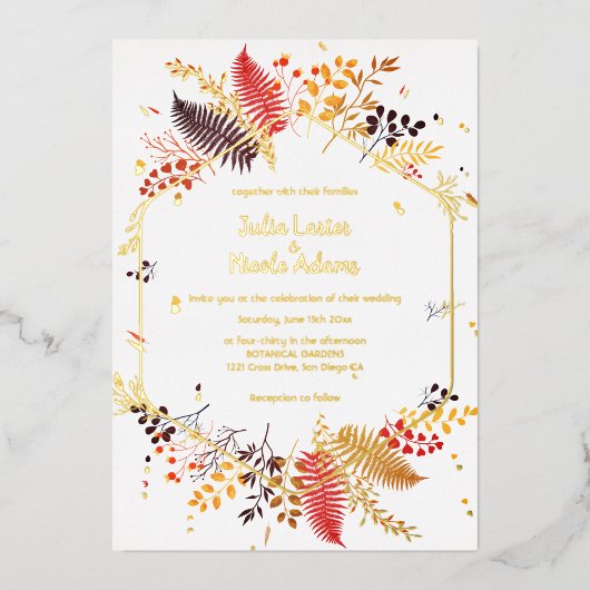野生のキノコの森の花のシダの葉結婚の 箔招待状 (正面)