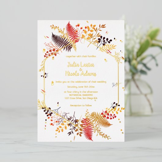 野生のキノコの森の花のシダの葉結婚の 箔招待状 (立ち正面)