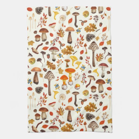 野生のキノコをオフに白 キッチンタオル (縦)