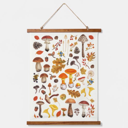 野生のキノコをオフに白 吊り下げ型タペストリー (正面)