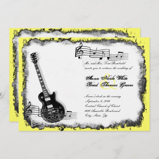 野生のギターの黄色音楽結婚式招待状 招待状 (正面/裏面)