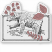 野生のクマと植物の林檎版画アート シール (正面)