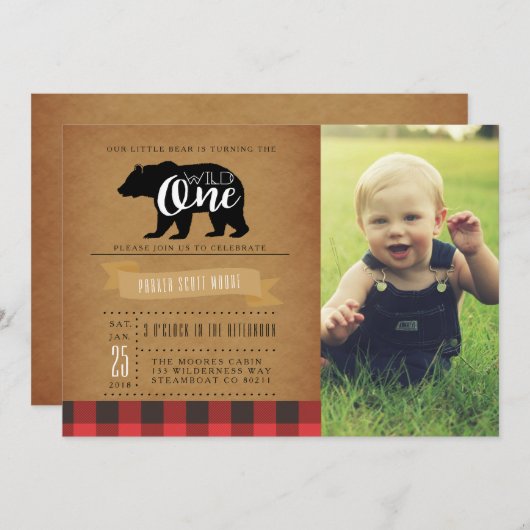 野生のクマ |誕生日パーティーの最初の写真 招待状 (正面/裏面)