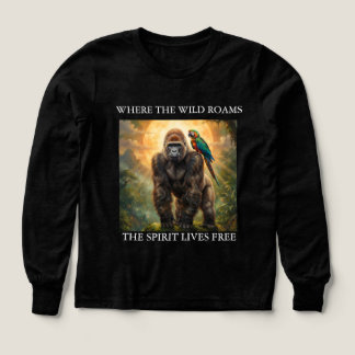 野生のゴリラとオウムのTシャツ