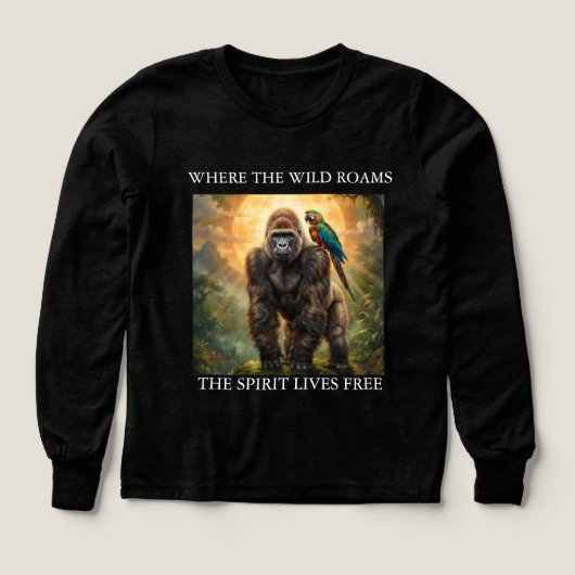 野生のゴリラとオウムのTシャツ (デザイン正面)