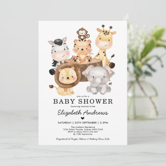 野生のサフお洒落ァリ動物の中立のベビーシャワー 招待状 (スタンド正面)