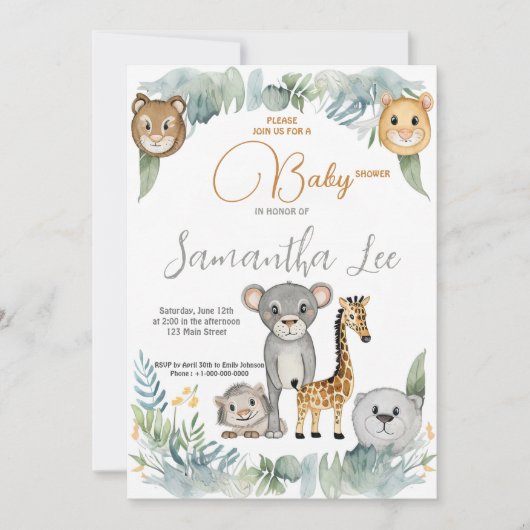 野生のサファリおもしろいアニマルボーイズ赤ちゃんシャワー 招待状 (正面)