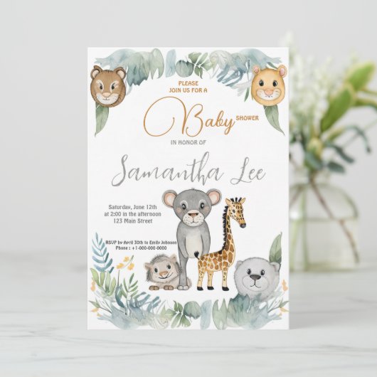 野生のサファリおもしろいアニマルボーイズ赤ちゃんシャワー 招待状 (スタンド正面)