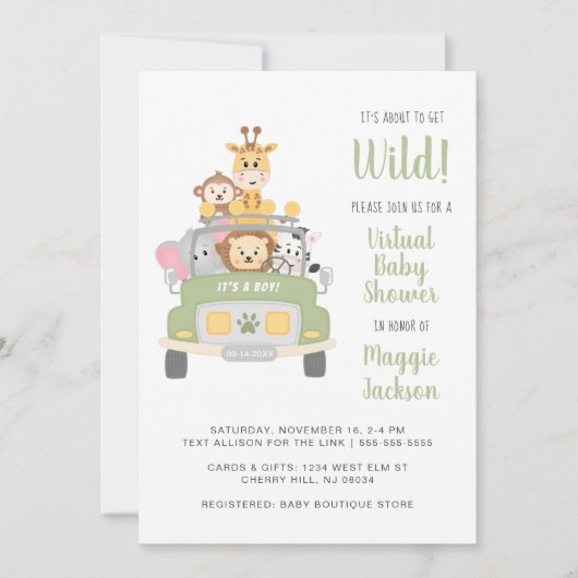 野生のサファリのバーチャルベビーシャワーを取得する 招待状 (正面)