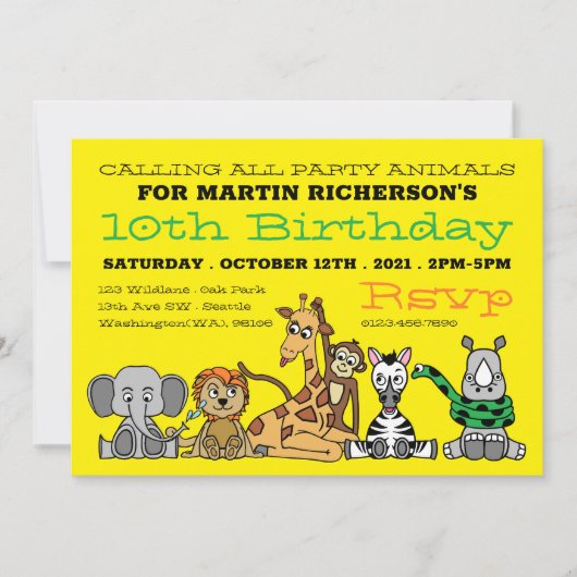 野生のサファリの動物たち，子供の誕生日パーティー 招待状 (正面)