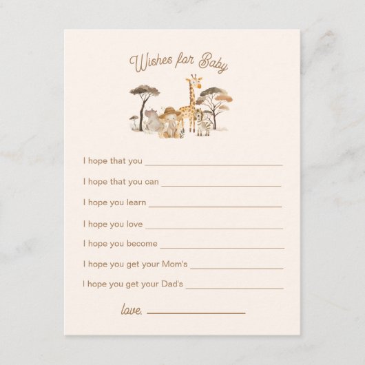 野生のサファリの動物の赤ちゃんシャワーの願いベビー エンクロージャーカード (正面)
