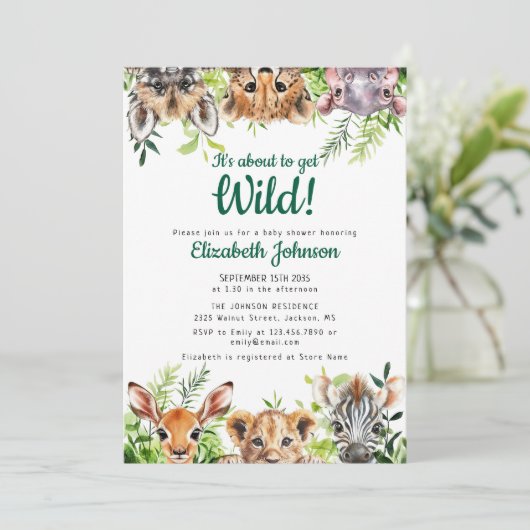 野生のサファリの動物の赤ちゃんシャワーを取得しようとしている 招待状 (スタンド正面)