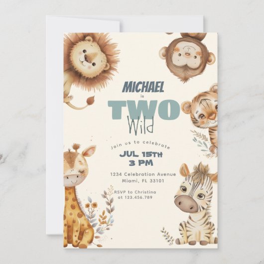 野生のサファリの動物2歳の誕生日 招待状 (正面)