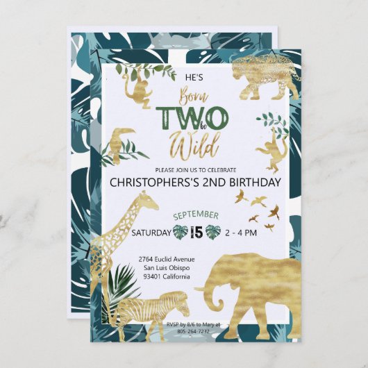 野生のサファリの動物2歳の誕生日 招待状 (正面/裏面)