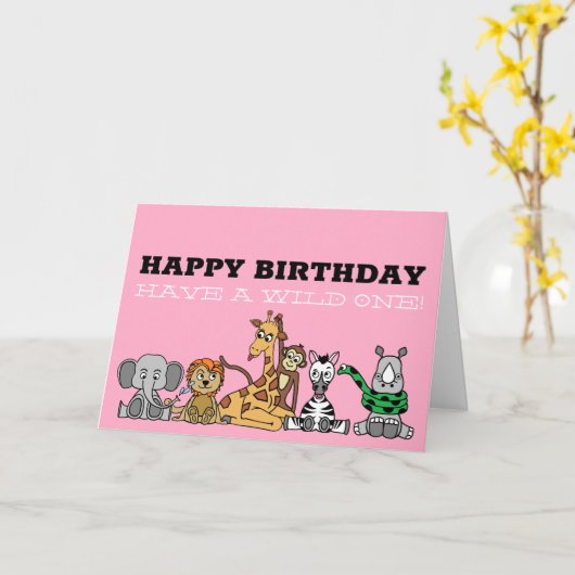 野生のサファリの動物,子供たちの誕生日 カード (黄色い花)