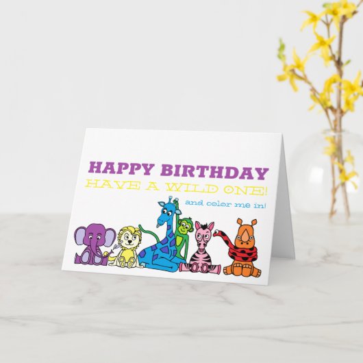 野生のサファリの動物,子供たちの誕生日 カード (黄色い花)