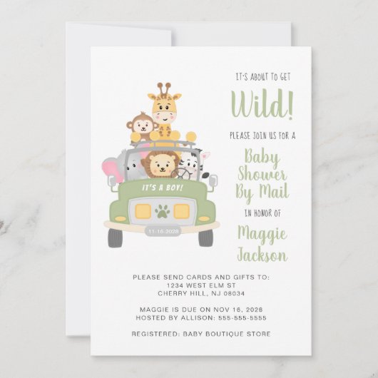 野生のサファリの赤ちゃんシャワーを郵便で手に入れようとしている 招待状 (正面)