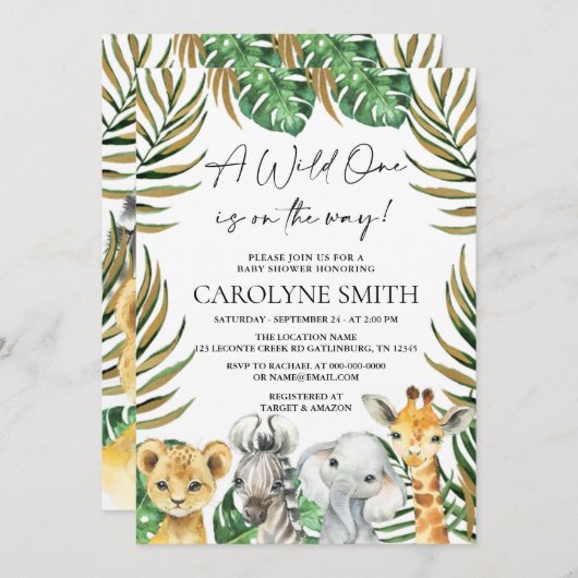 野生のサファリジャングル動物の赤ちゃんシャワー 招待状 (正面/裏面)