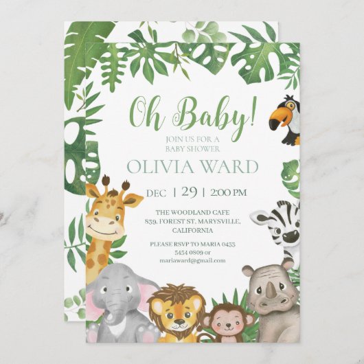 野生のサファリジャングル熱帯緑のベビーシャワー 招待状 (正面/裏面)
