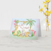 野生のサファリ動物たちと一緒に新しい女の子の赤ちゃんをお祝いしよう カード (黄色い花)